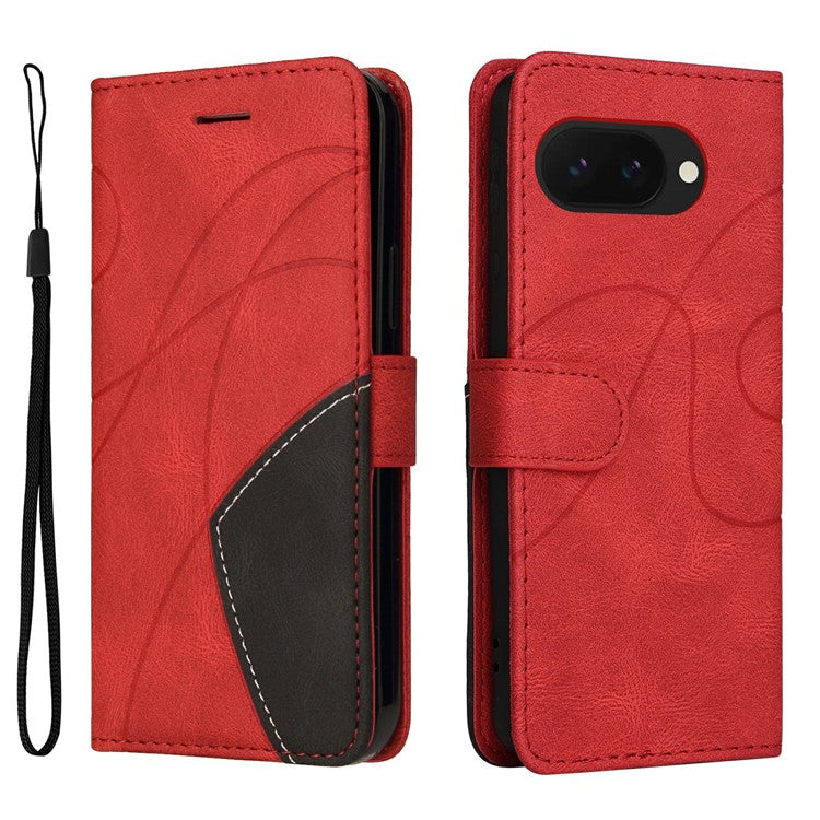 For Google Pixel 9a Case Color Splicing Leather Phone Cover Wallet Stand - Red