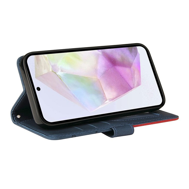 For Google Pixel 9a Case Color Splicing Leather Phone Cover Wallet Stand - Blue