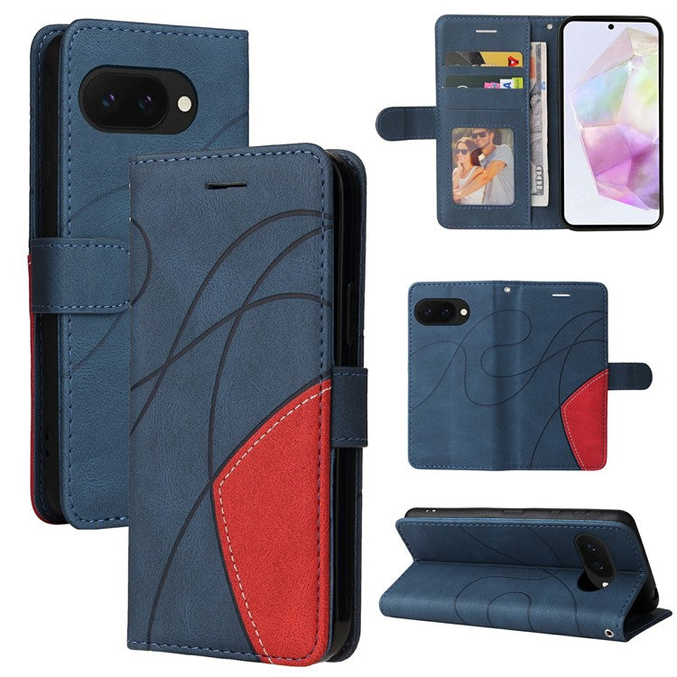 For Google Pixel 9a Case Color Splicing Leather Phone Cover Wallet Stand - Blue