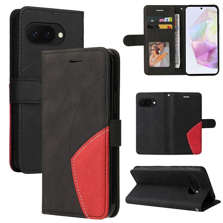 For Google Pixel 9a Case Color Splicing Leather Phone Cover Wallet Stand - Black