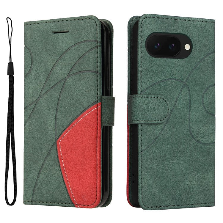 For Google Pixel 9a Case Color Splicing Leather Phone Cover Wallet Stand - Green