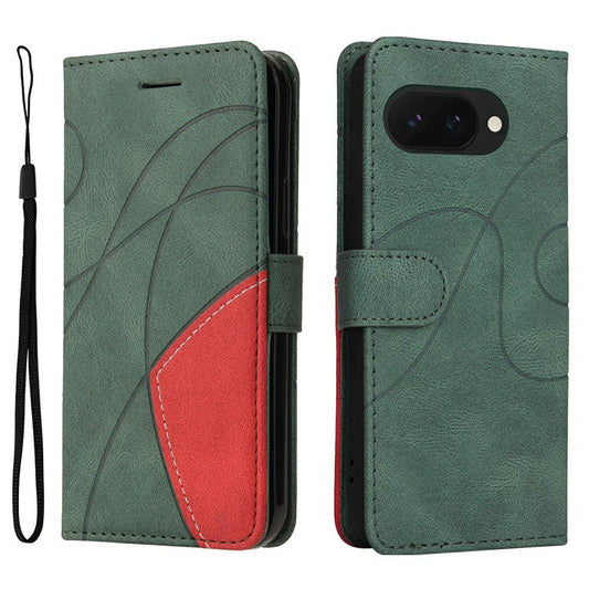 For Google Pixel 9a Case Color Splicing Leather Phone Cover Wallet Stand - Green