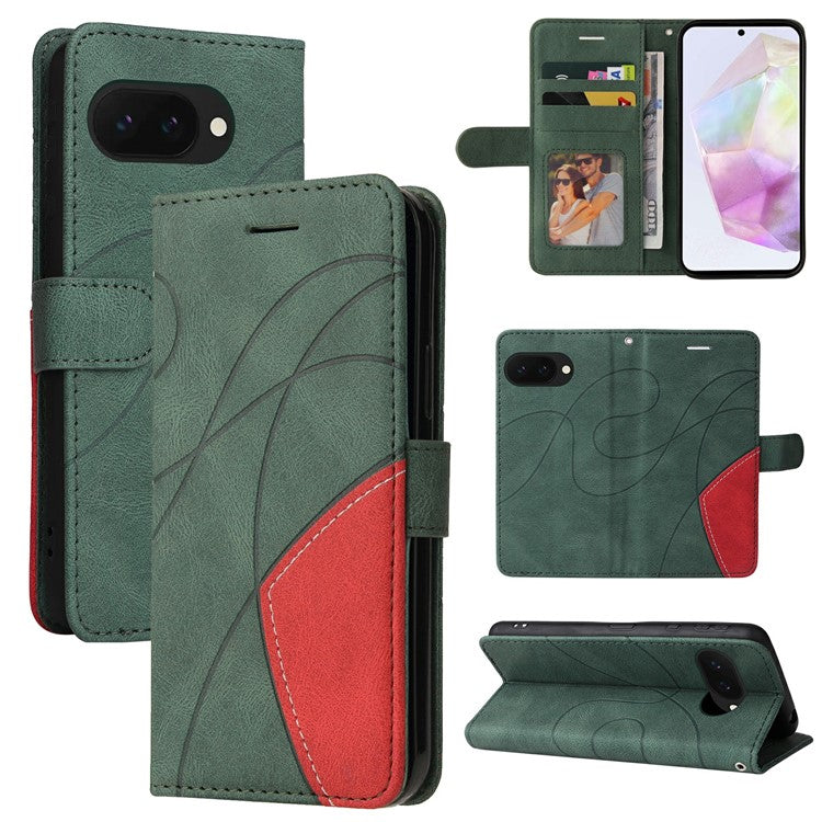 For Google Pixel 9a Case Color Splicing Leather Phone Cover Wallet Stand - Green