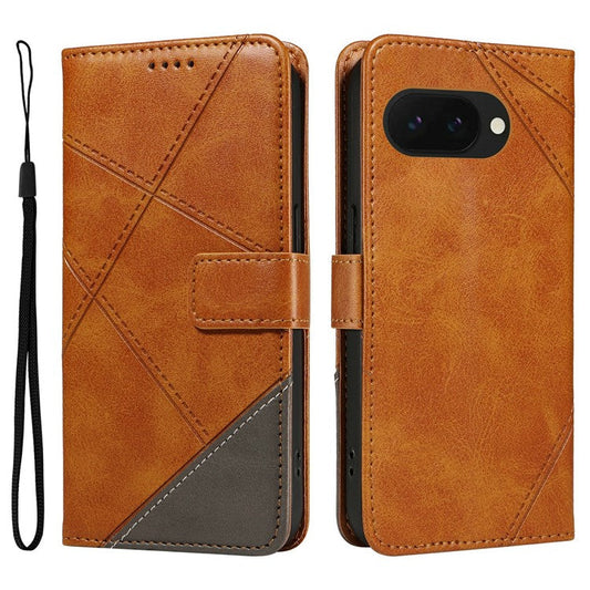For Google Pixel 9a Case Leather Geometric Line Wallet Phone Cover with Wrist Strap - Brown