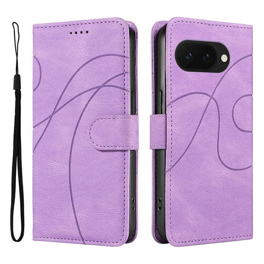 For Google Pixel 9a Case Stand Wallet Leather Phone Cover Curved Line Wrist Strap - Light Purple