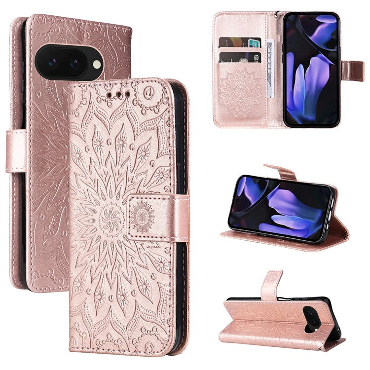 For Google Pixel 9a Case Sunflower Leather Wallet Phone Cover - Rose Gold