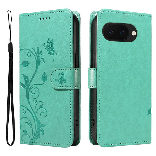 For Google Pixel 9a Case Flower Pattern PU Leather Wallet Phone Cover - Green
