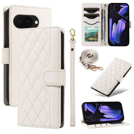 For Google Pixel 9a Wallet Case Rhombus Leather Phone Cover with Shoulder Strap, Wrist Strap - White