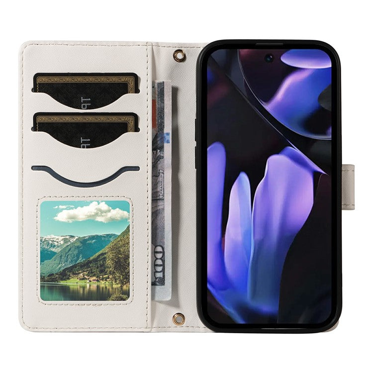 For Google Pixel 9a Wallet Case Rhombus Leather Phone Cover with Shoulder Strap, Wrist Strap - White