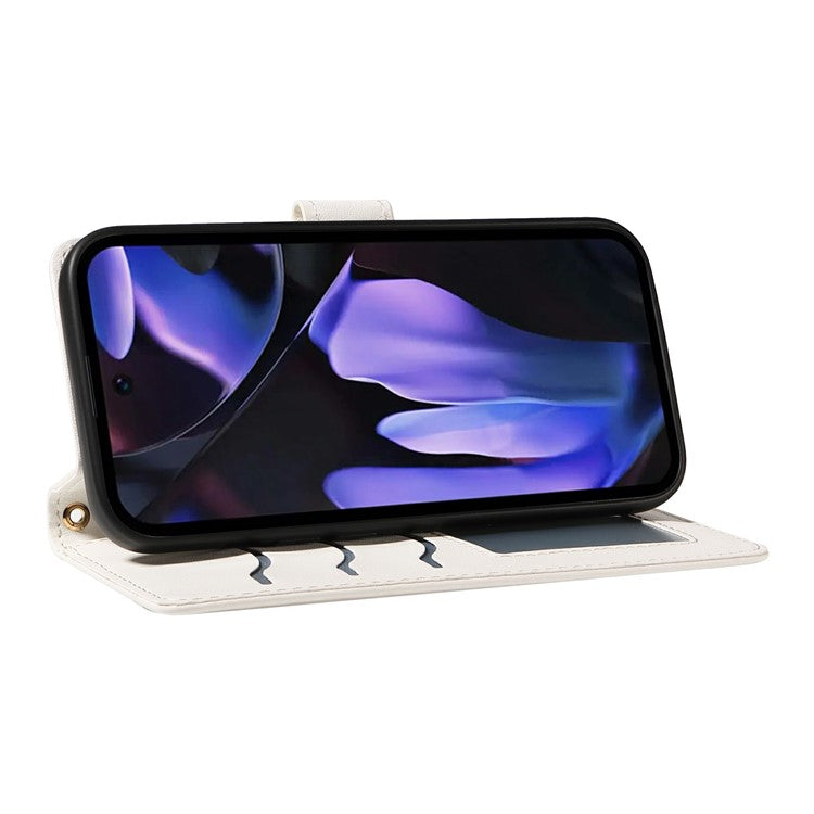 For Google Pixel 9a Wallet Case Rhombus Leather Phone Cover with Shoulder Strap, Wrist Strap - White