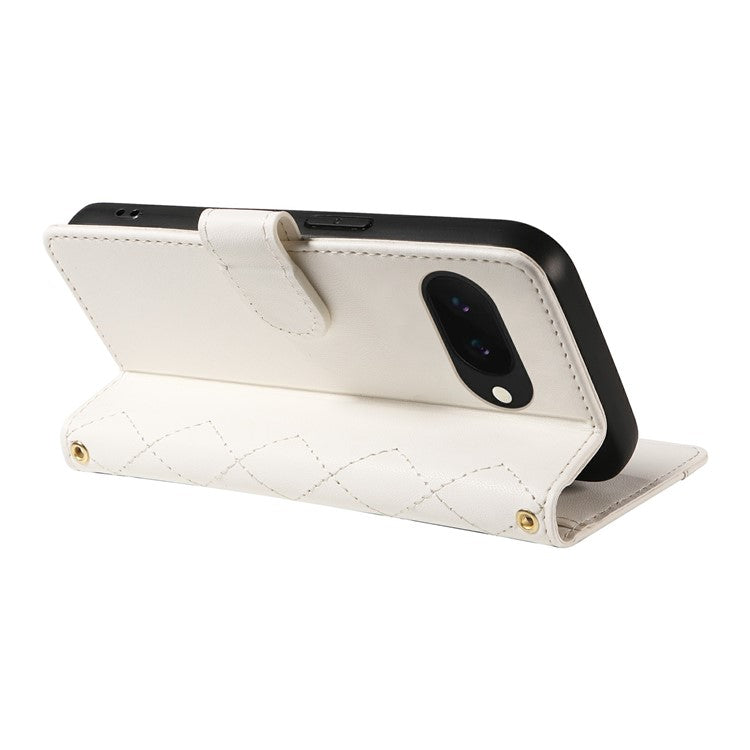 For Google Pixel 9a Wallet Case Rhombus Leather Phone Cover with Shoulder Strap, Wrist Strap - White