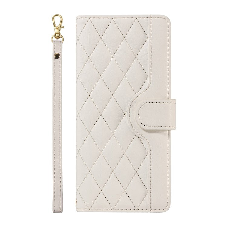 For Google Pixel 9a Wallet Case Rhombus Leather Phone Cover with Shoulder Strap, Wrist Strap - White