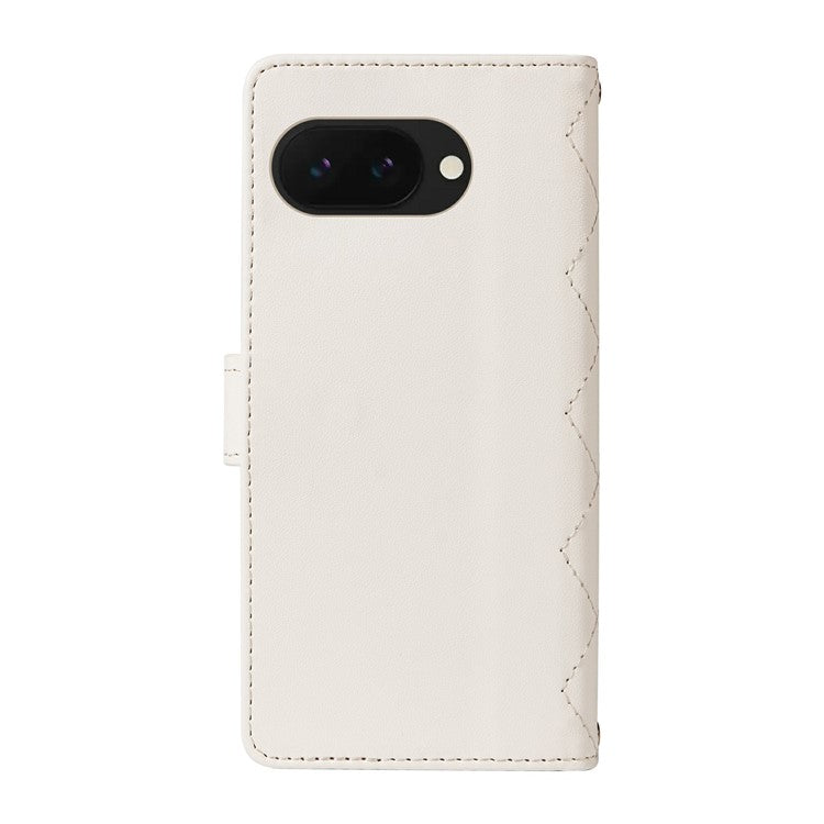 For Google Pixel 9a Wallet Case Rhombus Leather Phone Cover with Shoulder Strap, Wrist Strap - White