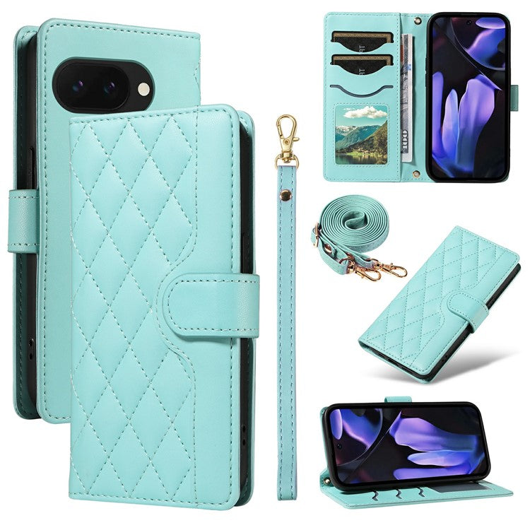 For Google Pixel 9a Wallet Case Rhombus Leather Phone Cover with Shoulder Strap, Wrist Strap - Green