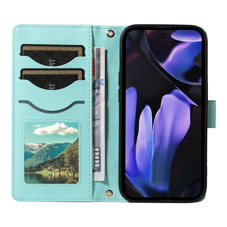 For Google Pixel 9a Wallet Case Rhombus Leather Phone Cover with Shoulder Strap, Wrist Strap - Green