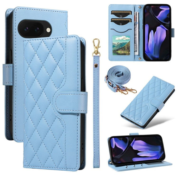 For Google Pixel 9a Wallet Case Rhombus Leather Phone Cover with Shoulder Strap, Wrist Strap - Blue