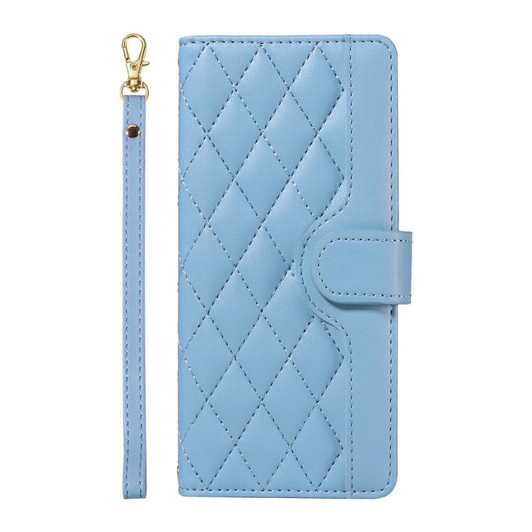 For Google Pixel 9a Wallet Case Rhombus Leather Phone Cover with Shoulder Strap, Wrist Strap - Blue