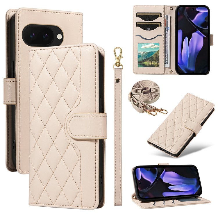 For Google Pixel 9a Wallet Case Rhombus Leather Phone Cover with Shoulder Strap, Wrist Strap - Apricot