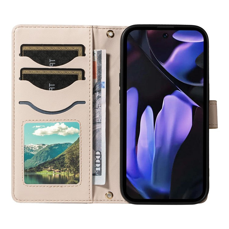 For Google Pixel 9a Wallet Case Rhombus Leather Phone Cover with Shoulder Strap, Wrist Strap - Apricot