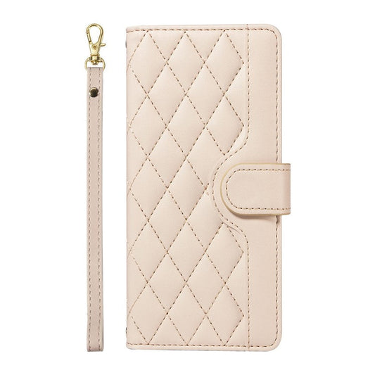 For Google Pixel 9a Wallet Case Rhombus Leather Phone Cover with Shoulder Strap, Wrist Strap - Apricot