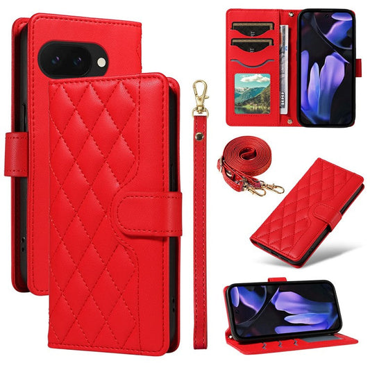 For Google Pixel 9a Wallet Case Rhombus Leather Phone Cover with Shoulder Strap, Wrist Strap - Red