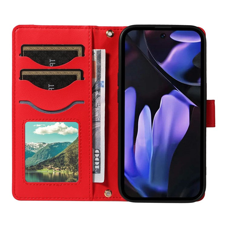 For Google Pixel 9a Wallet Case Rhombus Leather Phone Cover with Shoulder Strap, Wrist Strap - Red