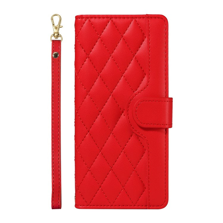For Google Pixel 9a Wallet Case Rhombus Leather Phone Cover with Shoulder Strap, Wrist Strap - Red