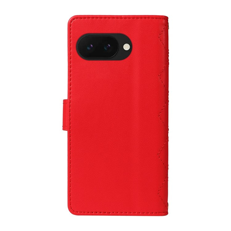 For Google Pixel 9a Wallet Case Rhombus Leather Phone Cover with Shoulder Strap, Wrist Strap - Red