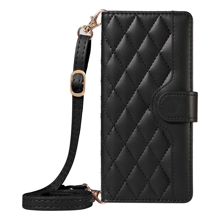 For Google Pixel 9a Wallet Case Rhombus Leather Phone Cover with Shoulder Strap, Wrist Strap - Black