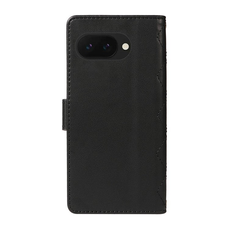 For Google Pixel 9a Wallet Case Rhombus Leather Phone Cover with Shoulder Strap, Wrist Strap - Black