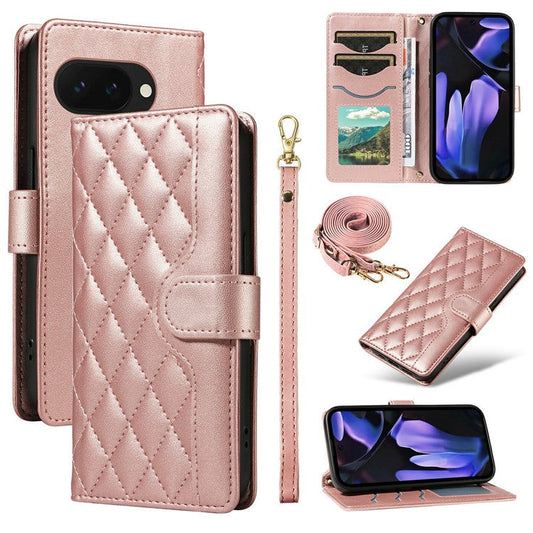 For Google Pixel 9a Wallet Case Rhombus Leather Phone Cover with Shoulder Strap, Wrist Strap - Rose Gold