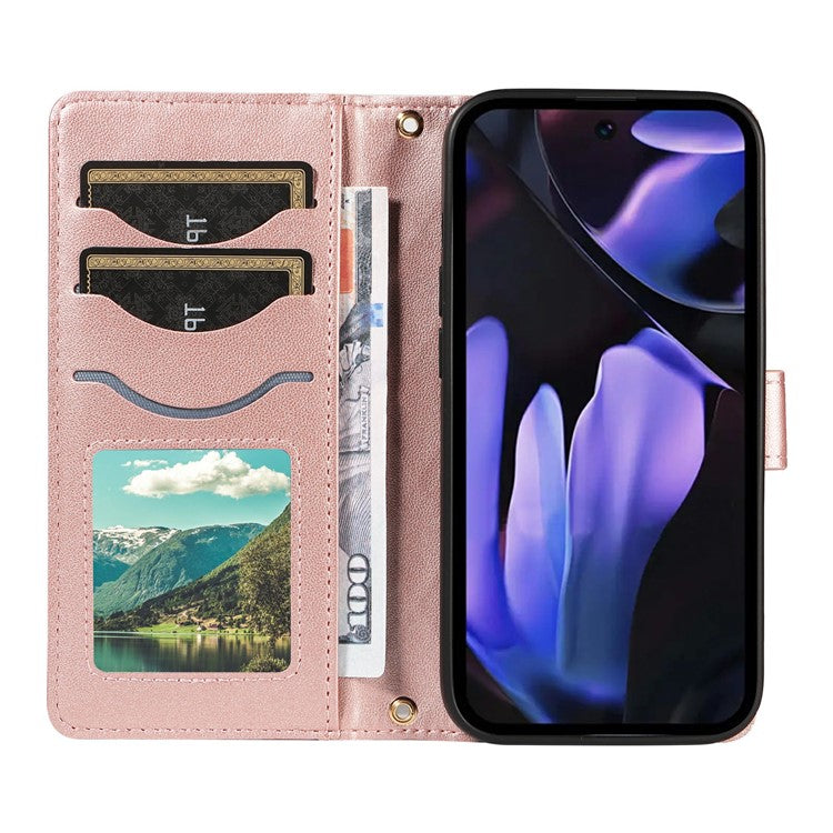 For Google Pixel 9a Wallet Case Rhombus Leather Phone Cover with Shoulder Strap, Wrist Strap - Rose Gold