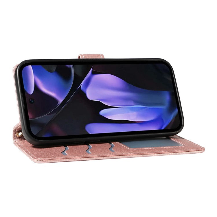 For Google Pixel 9a Wallet Case Rhombus Leather Phone Cover with Shoulder Strap, Wrist Strap - Rose Gold