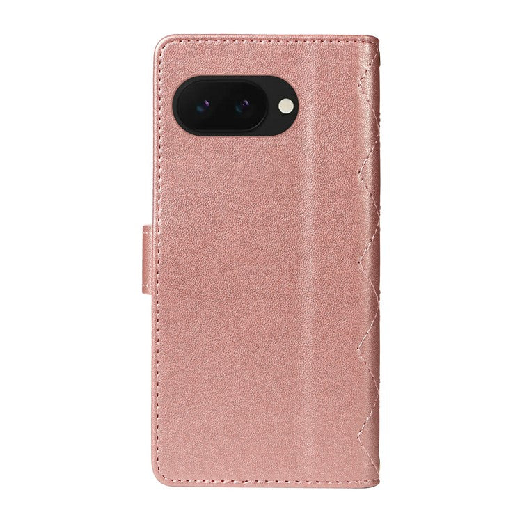 For Google Pixel 9a Wallet Case Rhombus Leather Phone Cover with Shoulder Strap, Wrist Strap - Rose Gold