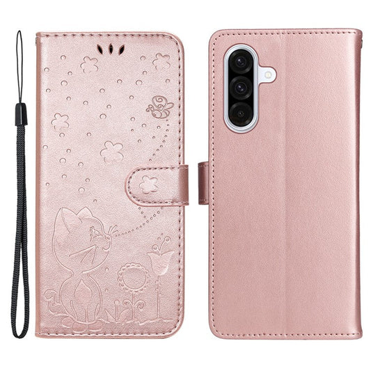 For Samsung Galaxy A36 5G Case Cat Bee Pattern Leather Phone Cover - Rose Gold