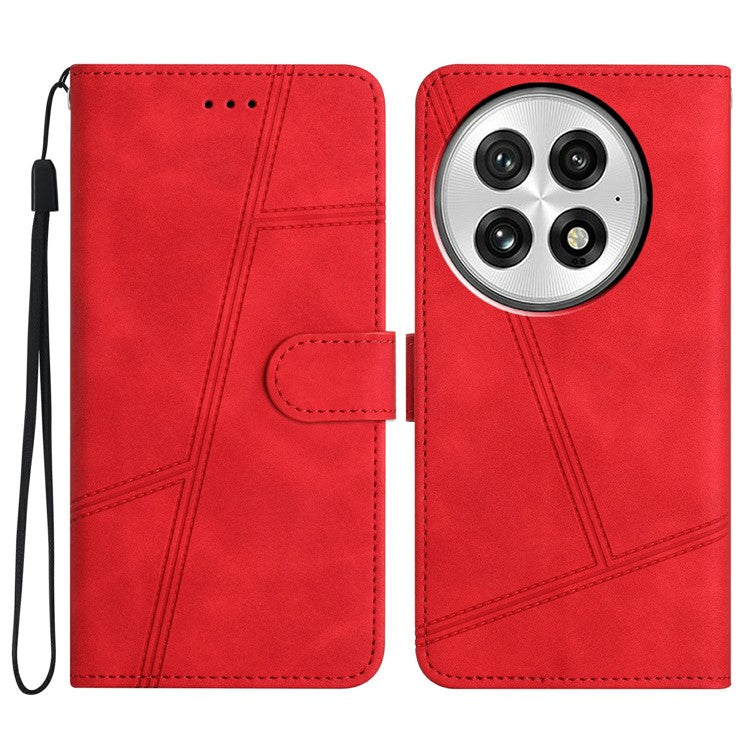 For OnePlus 13 Case Flip Leather Retro Phone Cover Lines Imprinted - Red