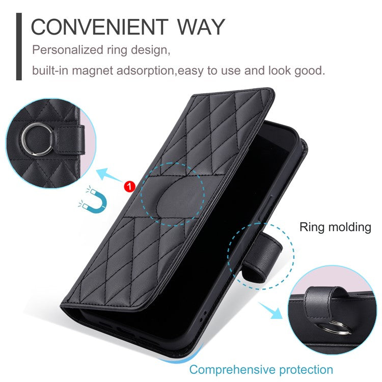 For iPhone 16 Crossbody Leather Case Ring Buckle Wallet Stand Rhombus Mobile Cover - Black