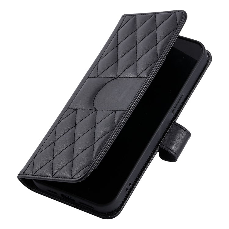 For iPhone 16 Crossbody Leather Case Ring Buckle Wallet Stand Rhombus Mobile Cover - Black