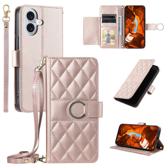 For iPhone 16 Crossbody Leather Case Ring Buckle Wallet Stand Rhombus Mobile Cover - Rose Gold