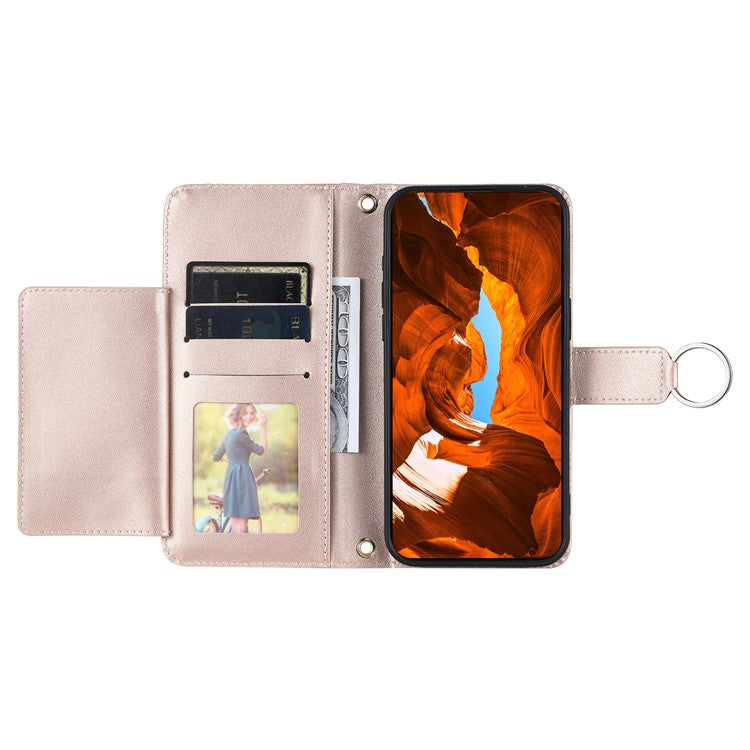 For iPhone 16 Crossbody Leather Case Ring Buckle Wallet Stand Rhombus Mobile Cover - Rose Gold