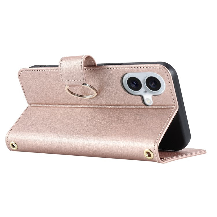 For iPhone 16 Crossbody Leather Case Ring Buckle Wallet Stand Rhombus Mobile Cover - Rose Gold