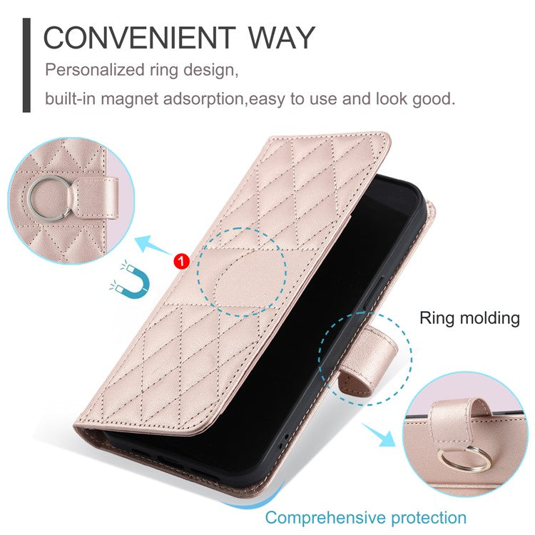 For iPhone 16 Crossbody Leather Case Ring Buckle Wallet Stand Rhombus Mobile Cover - Rose Gold