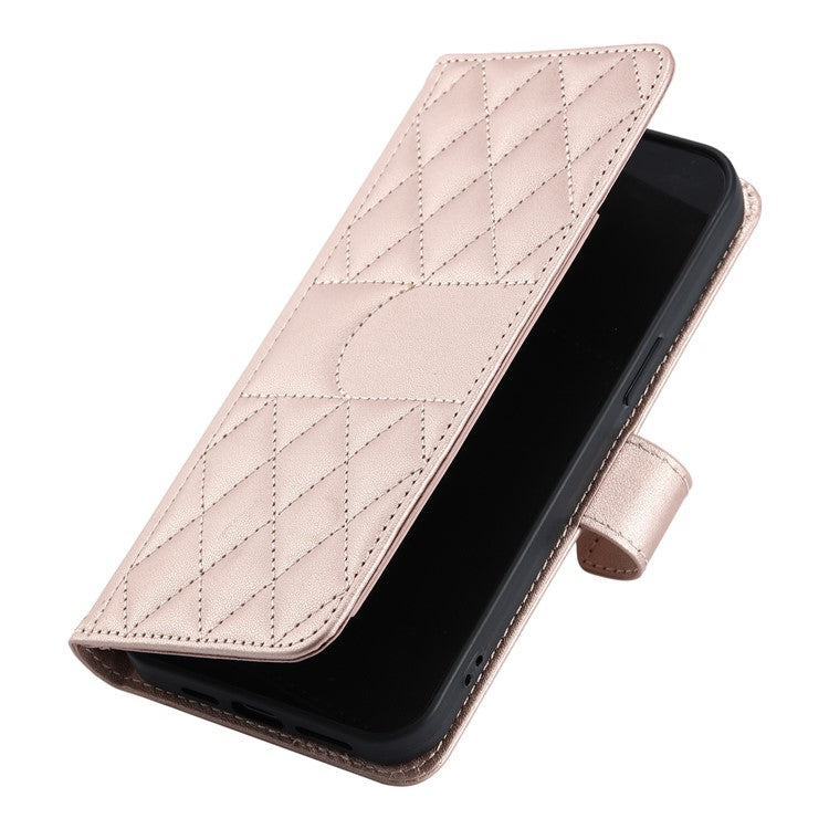 For iPhone 16 Crossbody Leather Case Ring Buckle Wallet Stand Rhombus Mobile Cover - Rose Gold