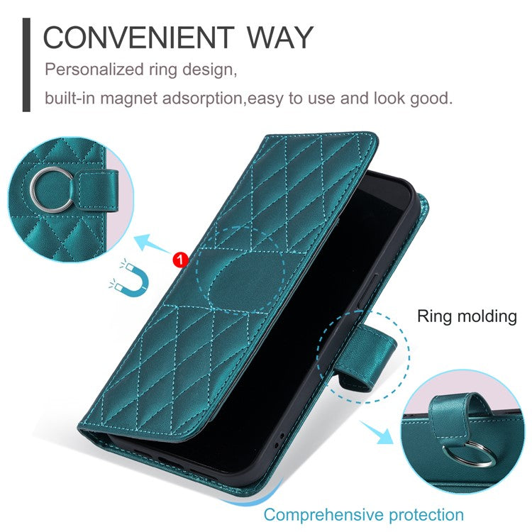 For iPhone 16 Crossbody Leather Case Ring Buckle Wallet Stand Rhombus Mobile Cover - Green