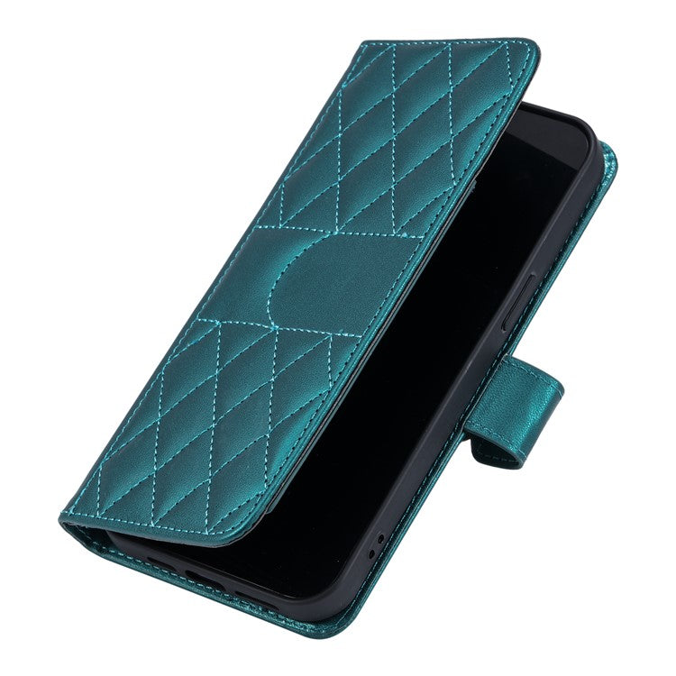 For iPhone 16 Crossbody Leather Case Ring Buckle Wallet Stand Rhombus Mobile Cover - Green