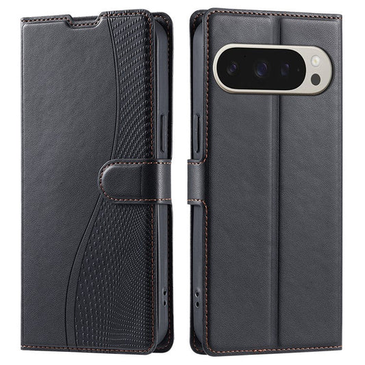 For Google Pixel 9 Pro XL Case Dots Imprinted PU Leather Flip Phone Cover with Card Slot, Strap - Black