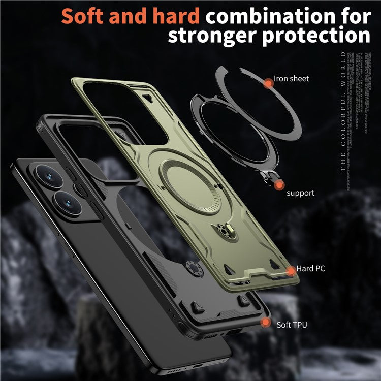 For Xiaomi Redmi Note 14 5G Case Compatible with MagSafe Military Protection PC+TPU Kickstand Phone Cover - Olive Green