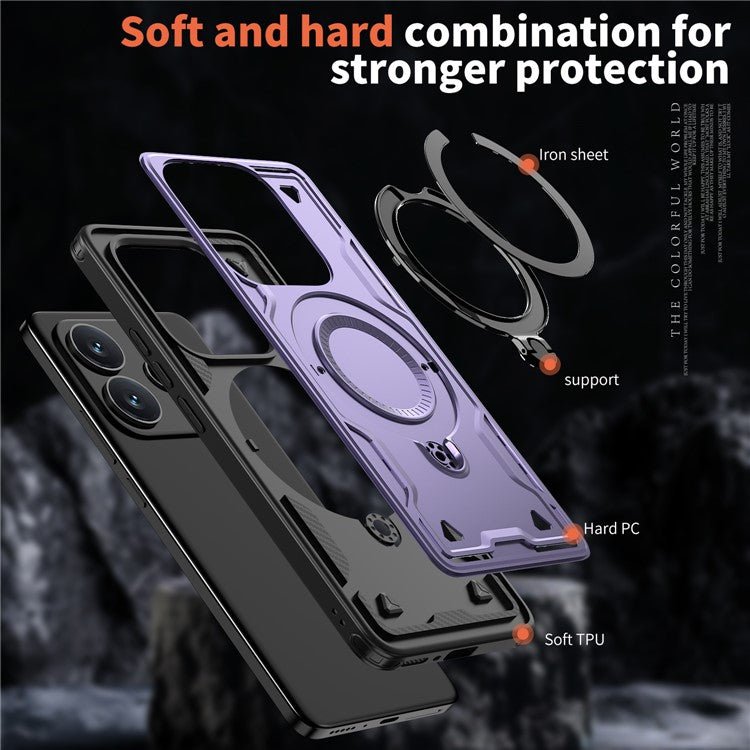 For Xiaomi Redmi Note 14 5G Case Compatible with MagSafe Military Protection PC+TPU Kickstand Phone Cover - Purple