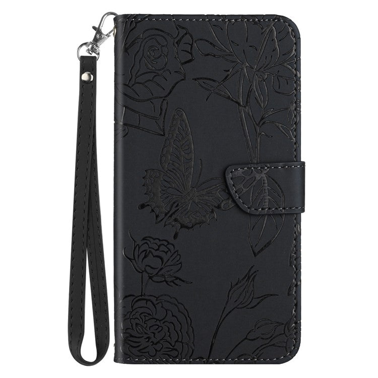 For Xiaomi Redmi Note 14 5G Case Leather Phone Cover with Strap, Butterfly Flower Imprint - Black