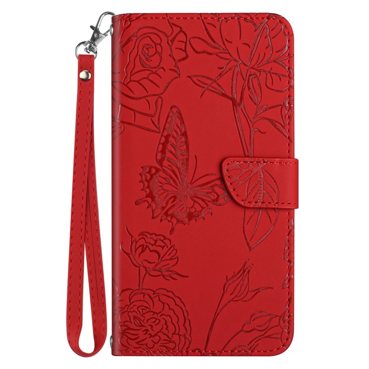 For Xiaomi Redmi Note 14 5G Case Leather Phone Cover with Strap, Butterfly Flower Imprint - Red